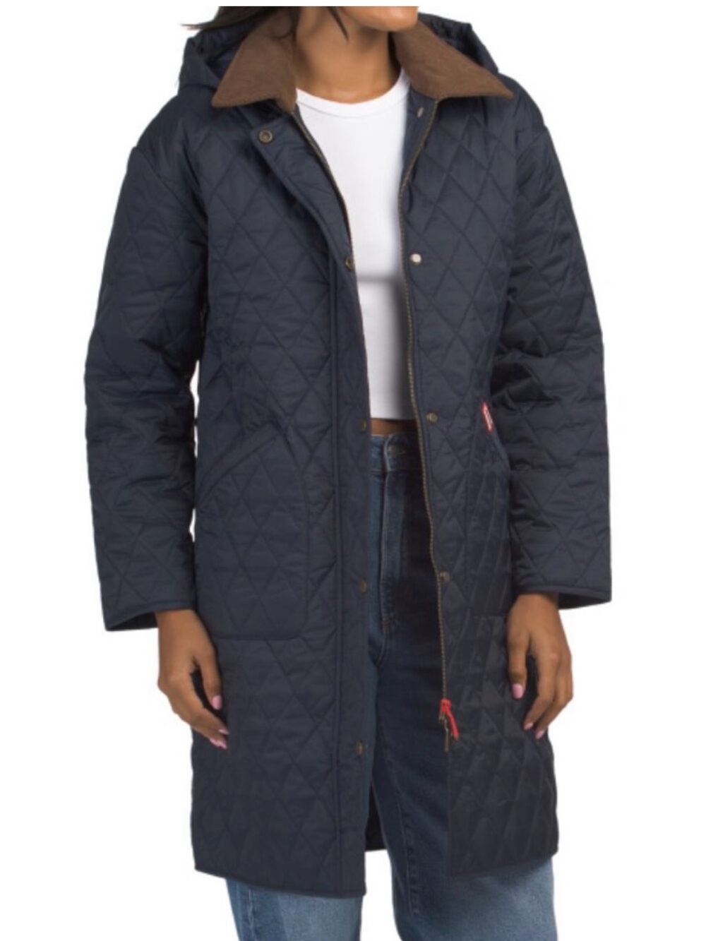 Hunter Navy Quilted Long Puffer Coat with Brown Contrast Collar - Women's